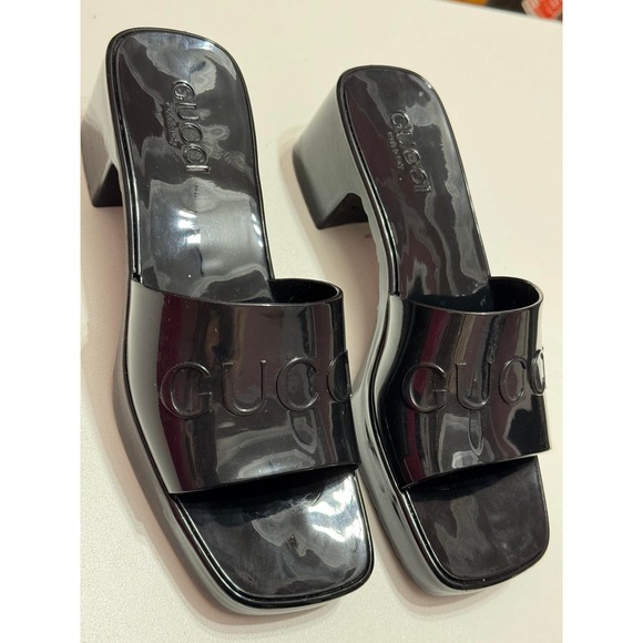Gucci Rubber Logo Platform Slide Sandal in Black Size 37 Slip-On Open Toe - Picture 5 of 16